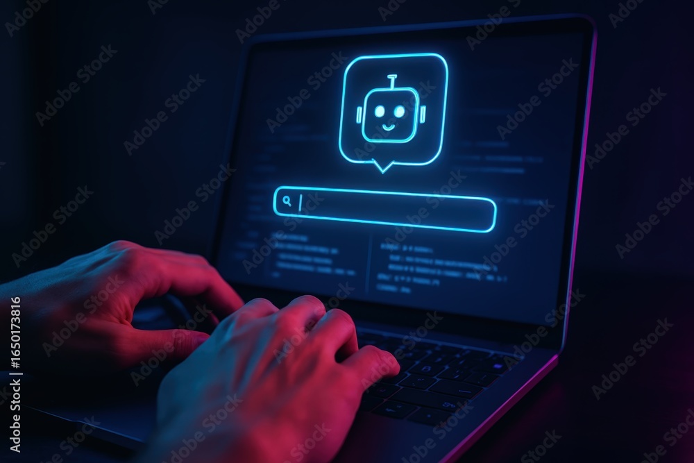 Poster person using a laptop with a glowing robot icon on the screen.