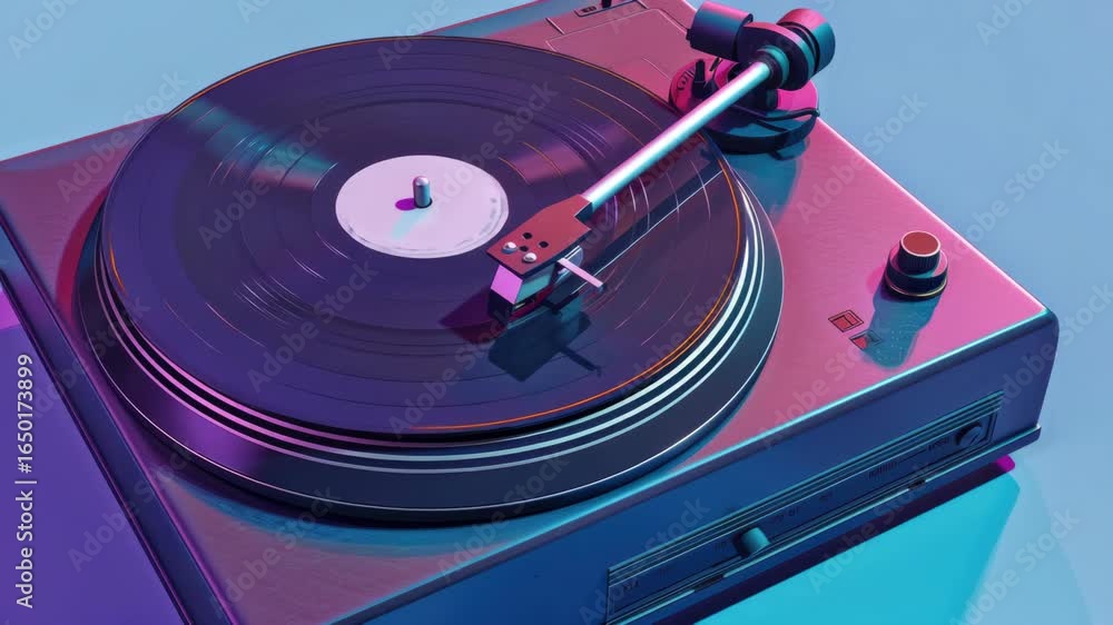 Poster a record player with a record on it. the record player is silver and has a black and white record
