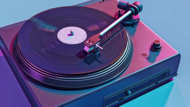 A record player with a record on it. The record player is silver and has a black and white record