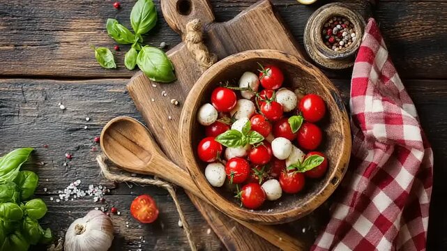 Delicious Caprese Salad Preparation with Fresh Tomatoes, Mozzarella, and Basil on Rustic Wood