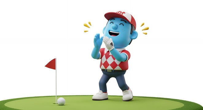 Cartoon golf character celebrating on a golf putting green - Powered by Adobe