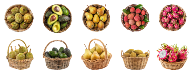 Collection of tropical fruit in a basket different view isolate on transparency background