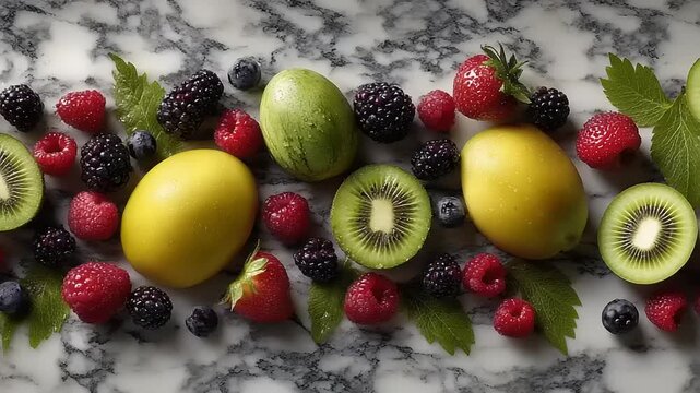 A visually stunning array of assorted fresh fruits, creating vibrant and colorful patterns on a