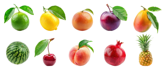 set of watermelon, lemon, lime, plum, mango pineapple cheery, peach, Grapefruit, clipping path isolate on transparency background