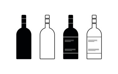 Wine bottle icon. alcohol beverage silhouette and outline, liquor glass container symbol, drink packaging vector illustration set