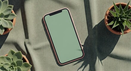 Smartphone mockup with a blank screen next to succulent plants on a green textured surface under harsh sunlight.