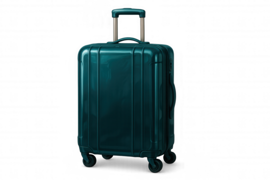 Teal hard-shell suitcase featuring extending handle, rolling smoothly against transparent backdrop, representing contemporary travel gear