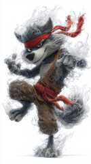 Cartoon wolf character performing martial arts move with intensity  