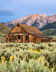 Fototapeta premium Old log cabin in a meadow at mountain base