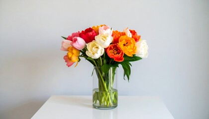 A bouquet of colorful tulips in a clear vase.