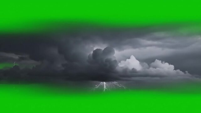 Dark thunderstorm clouds with lightning strike on green screen background for dramatic weather effect and cinematic editing