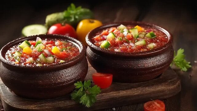 Refreshing gazpacho soup served in rustic bowls on a wooden board background