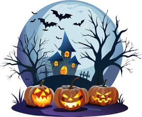 Spooky Halloween Vector, Carved Pumpkin Jack O&rsquo; Lantern with Haunted House Bats Full Moon EPS Design