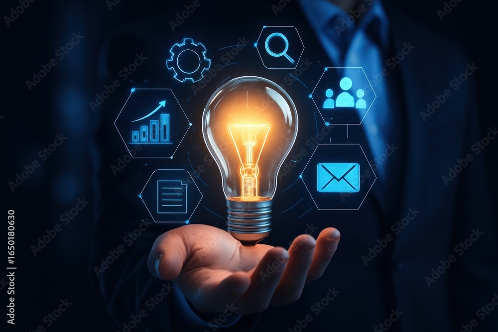 Poster illuminated lightbulb with digital interface elements held in a hand.