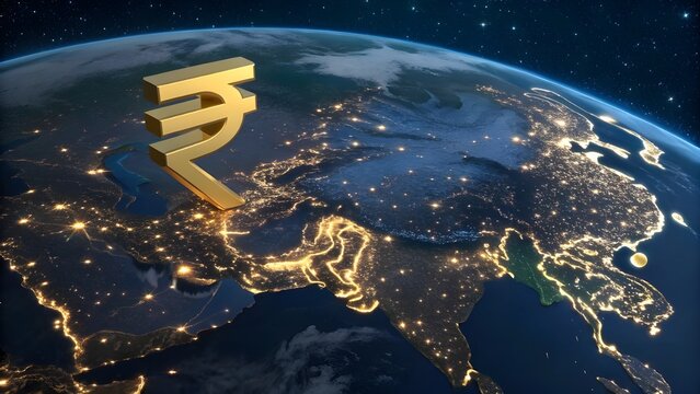 Golden indian rupee symbol dominates asia on a glowing earth at night