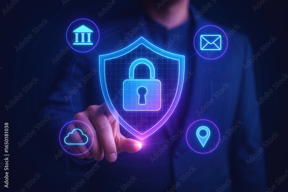 Poster digital shield with security icons displayed over a person's hand.