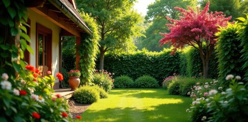 Fototapeta premium Lush home garden, vibrant flowering trees and shrubs, green, sunlight