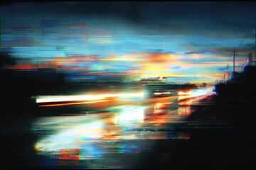 Blurred highway at sunset, glitch effect