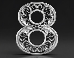 Ornate Silver Number Eight with Flourishes on a Dark Gray Gradient Background