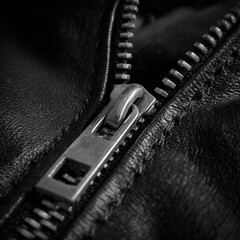 Close up of a metal zipper on a black leather jacket material
