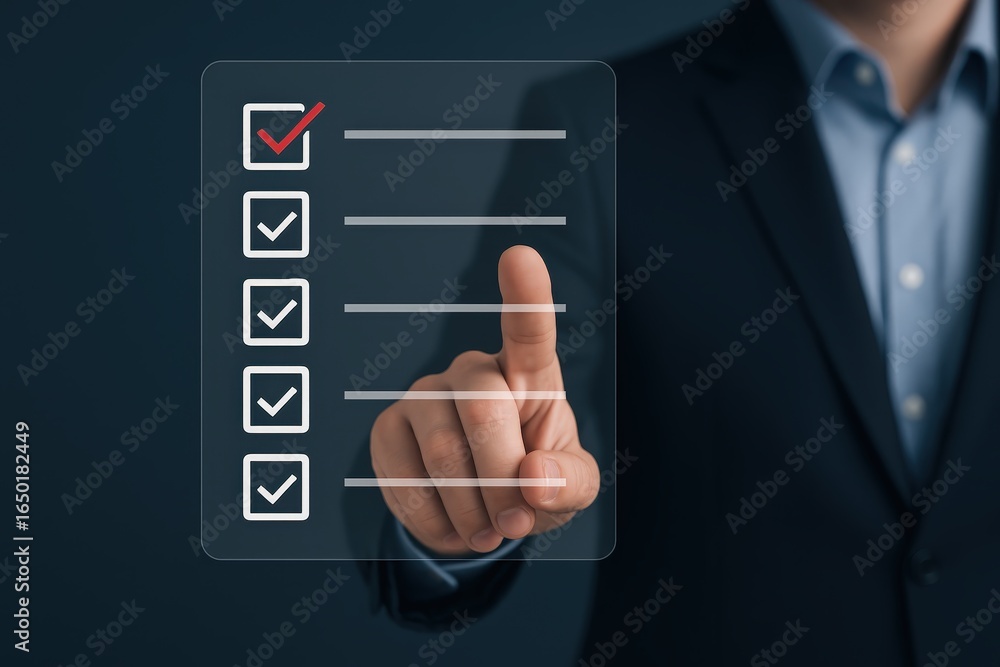 Aufkleber a hand points to a checklist on a transparent screen.