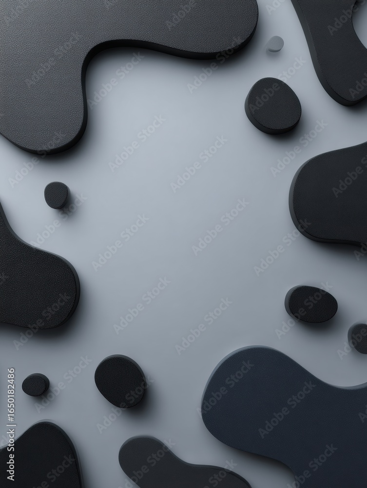 Poster abstract design featuring dark organic shapes on a light gray background creating a modern visual ef