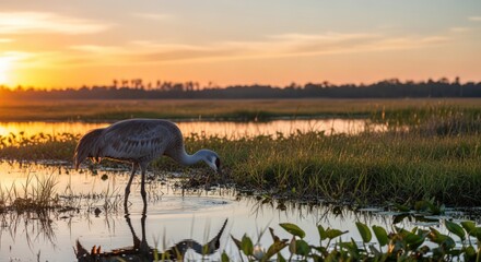 Sandhill Crane Foraging in Wetland at Sunrise, Florida Wildlife Photography