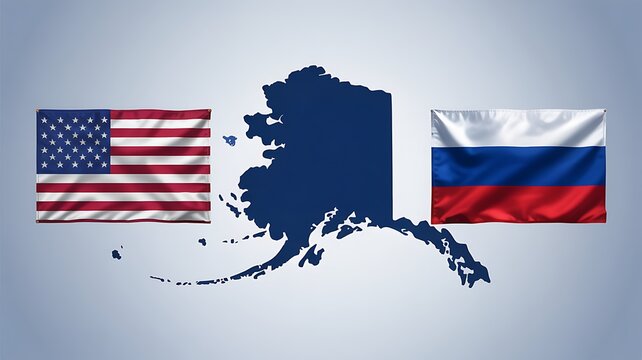 Map of alaska positioned between the flags of the united states and russia symbolizing proximity and geopolitical connection across the bering strait