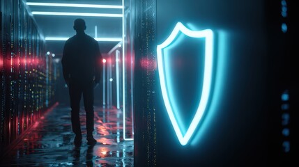 Man walking in server room with glowing neon blue shield representing cyber security protection concept
