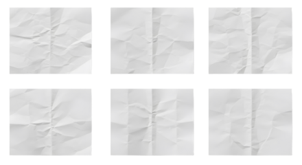 Six crumpled white paper sheets with varying textures and fold patterns.