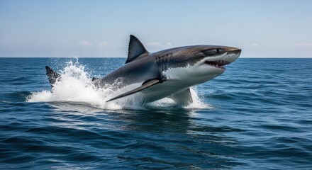 Fototapeta premium Great White Shark Breaching the Ocean Surface