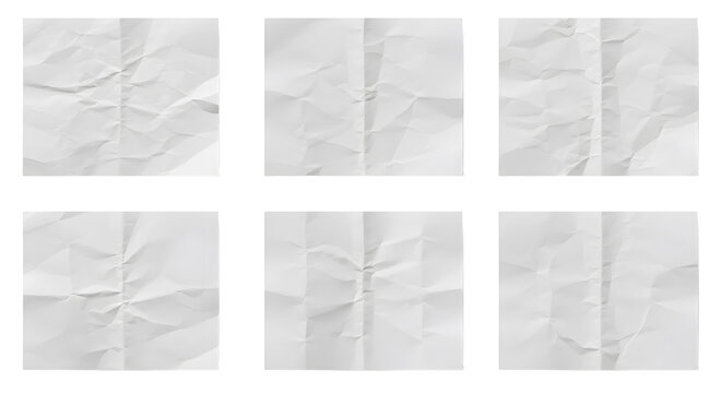 Six crumpled white paper sheets with varying textures and fold patterns.