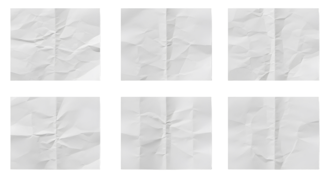 Six crumpled white paper sheets with varying textures and fold patterns.