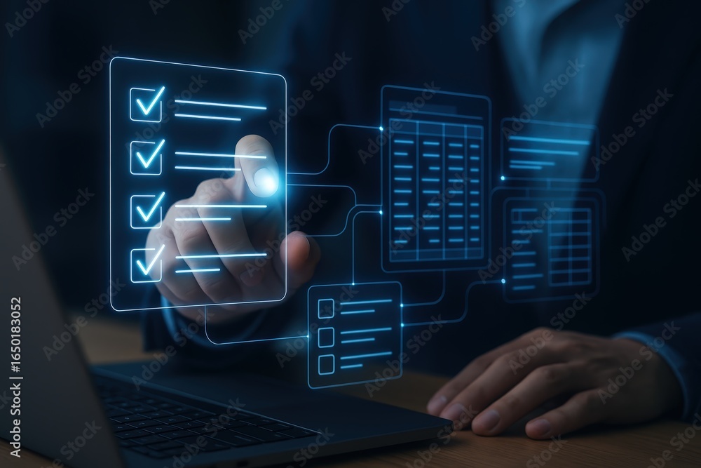 Aufkleber person interacts with digital checklist and spreadsheet interface.