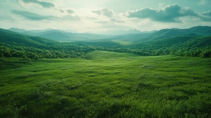 Fototapeta premium Lush green valley sunset landscape, mountain background, nature serenity, travel poster