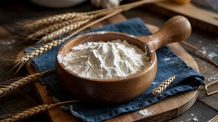 Rustic wooden bowl overflowing with finely milled white flour surrounded by golden wheat stalks on a dark textured surface