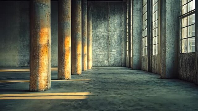 Sunlit industrial warehouse interior with aged pillars and large windows