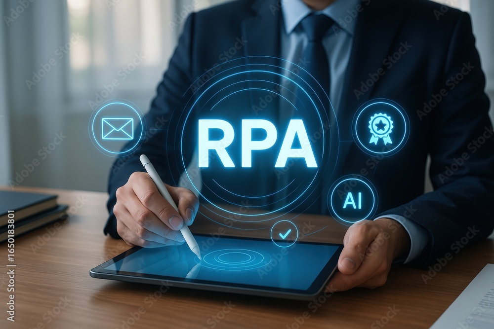 Poster businessperson using a tablet to interact with robotic process automation software.