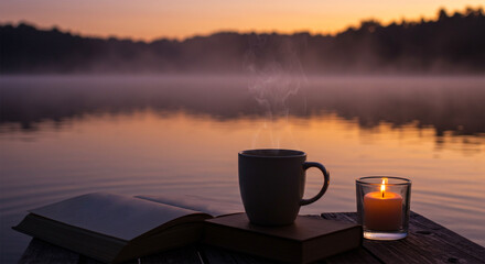 Lake sunrise coffee and book reading relaxation morning peace and quiet scenery
