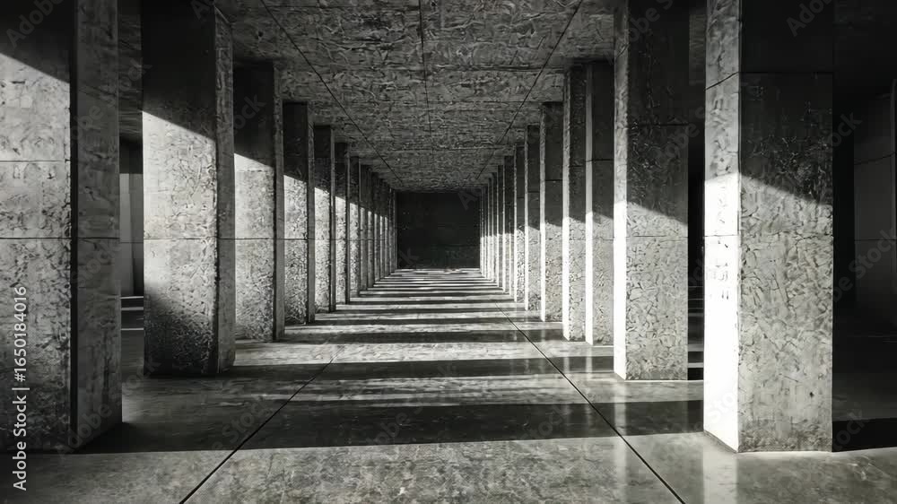 Poster modern concrete corridor with geometric shadow patterns and architectural symmetry