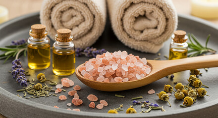 Spa wellness still life with essential oils himalayan salt and rolled towels concept