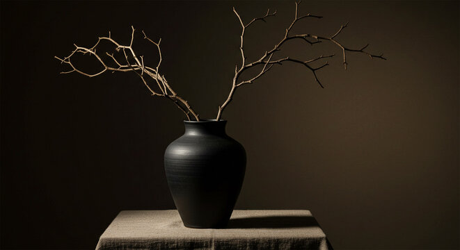 Still life photography of black vase with dry branches on table dark background
