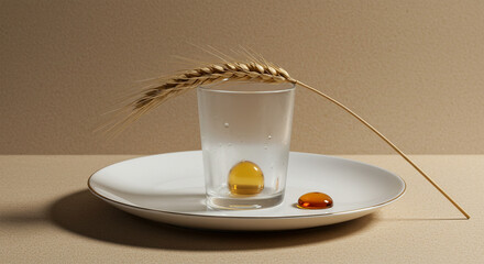 Still life photography of wheat and honey in glass on plate beige background art
