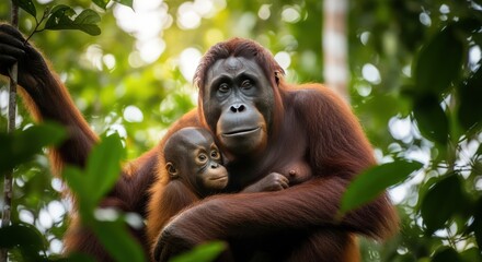 Obraz premium Loving Mother Orangutan Hugging Baby in Lush Green Rainforest Canopy