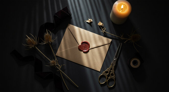 Vintage letter with wax seal and candle light romantic scene writing concept art