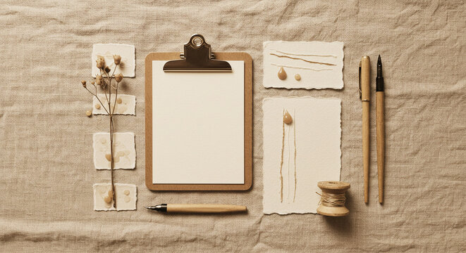 Clipboard mockup stationery set with pens and dried flowers on linen background