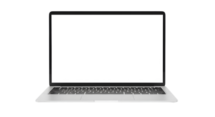 Sleek silver laptop with a blank white screen and a full keyboard.
