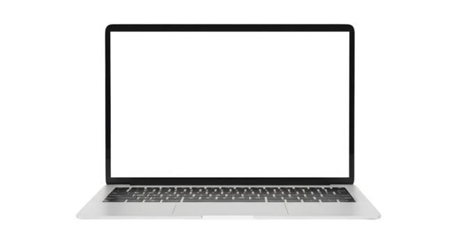 Sleek silver laptop with a blank white screen and a full keyboard.