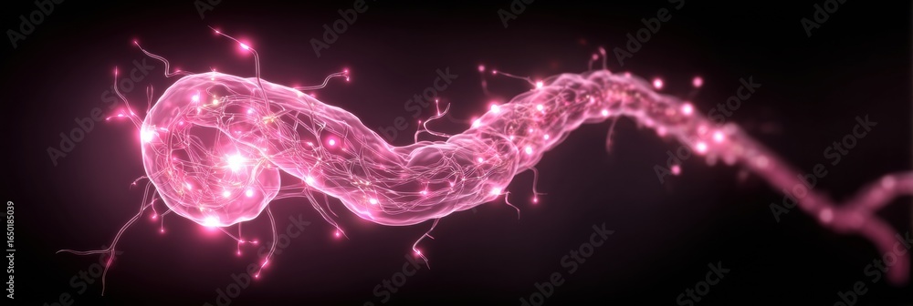 Poster abstract depiction of a glowing pink neuron in a dark background showcasing neural connections and a