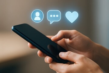 Smartphone with social media interaction icons.